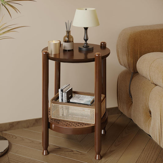 NSdirect Round End Table for Living Room, 2-Tier Rustic Wood Center Table for Home Decor with Boho Woven Rattan Storage Shelf | Modern Farmhouse Design, Easy Assembly, Red Brown