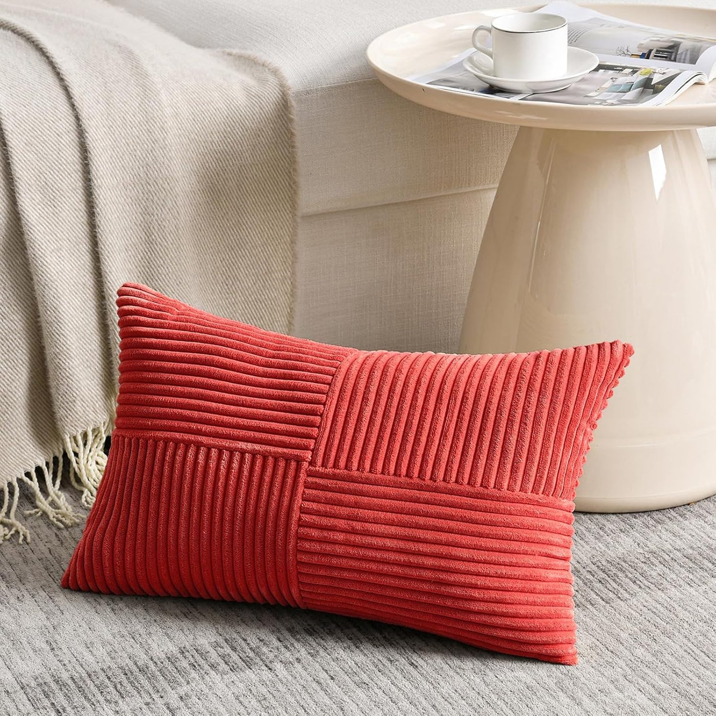 Fancy Homi 2 Packs Red Long Lumbar Decorative Throw Pillow Covers 16x24 Inch for Couch Bed Sofa, Holiday Christmas Home Decor Gift, Soft Striped Corduroy Rectangle Accent Cushion Case 40x60 cm