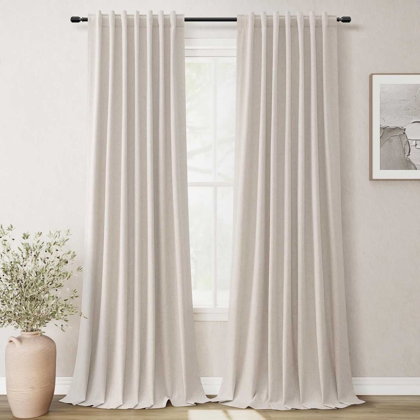 BOODII Sand Beige Linen 100% Blackout Curtains for Bedroom 102 Inch Long 2 Panels Window Curtain Floor to Ceiling Length for Living Room Sliding Glass Door Back Tab Linen Room Darkening Drapes 52x102