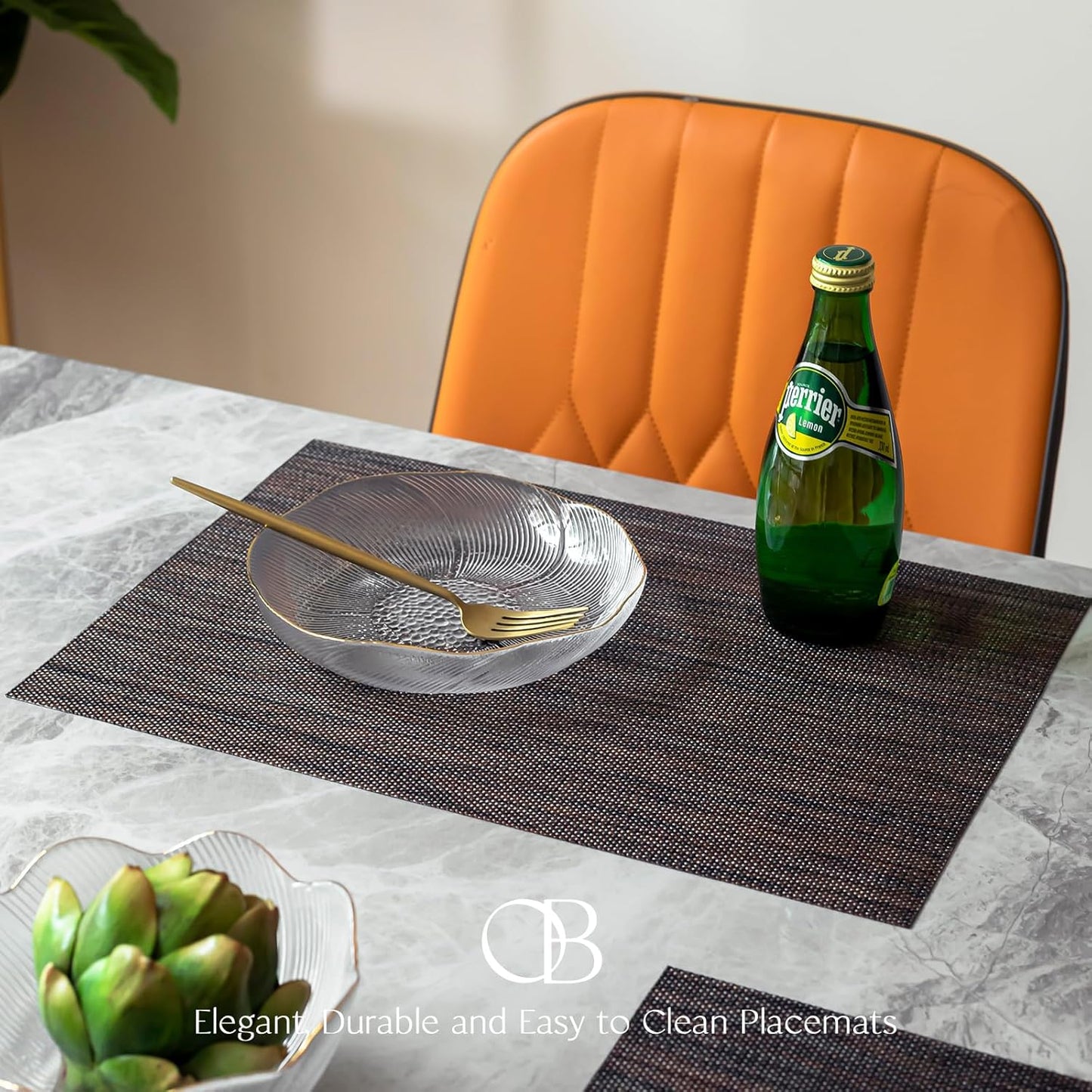 Placemats Set of 4 - Easy Clean Woven Vinyl Placemats for Dining Table, Indoor/Outdoor Place Mats, Washable PVC Table Mats（Black/Brown）