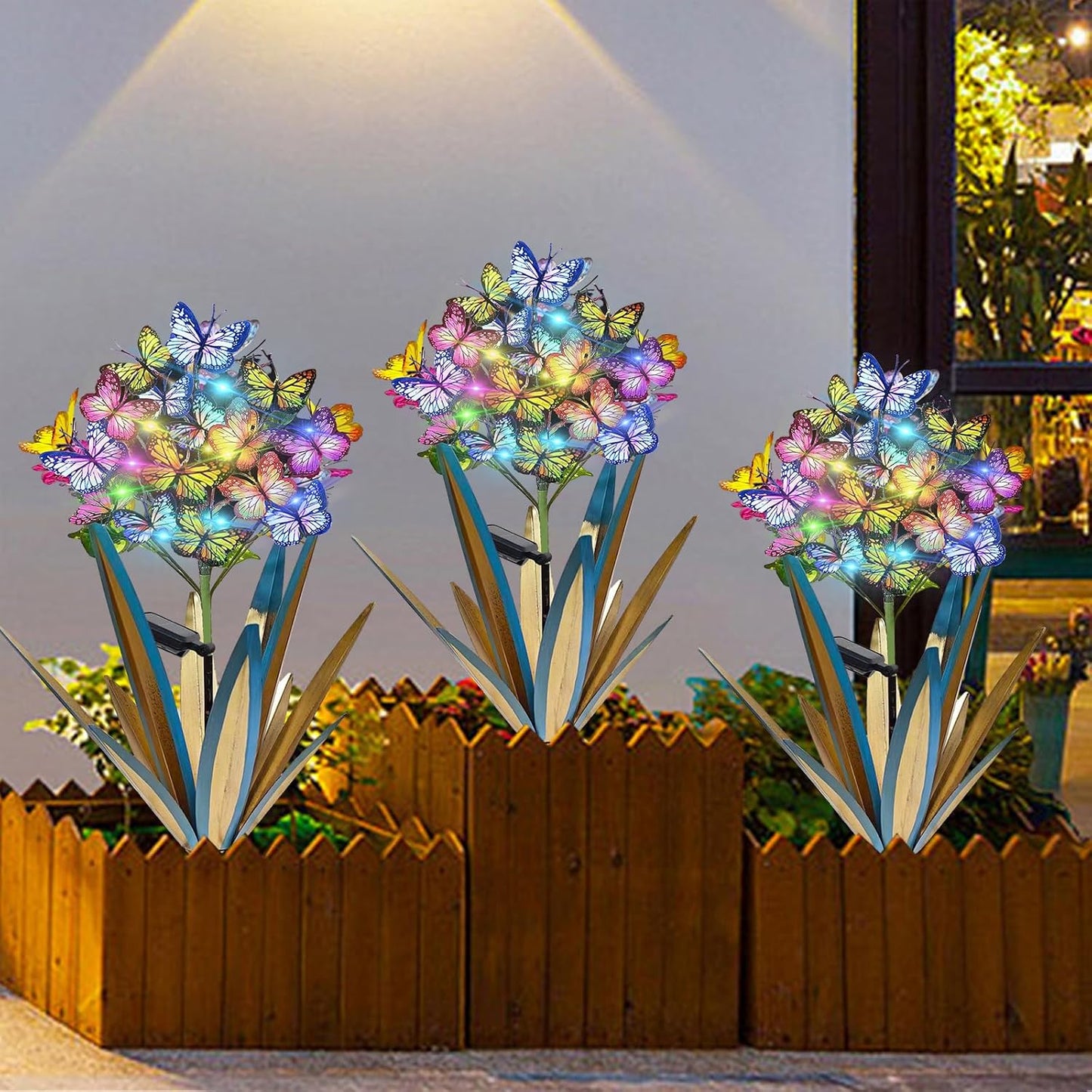Homight Solar Metal Agave Butterfly Flower Stick Garden Sculpture - Outdoor Christmas Lights With Swaying Butterfly Sunflower - Solar Outdoor Gift (3 PCS Blue)