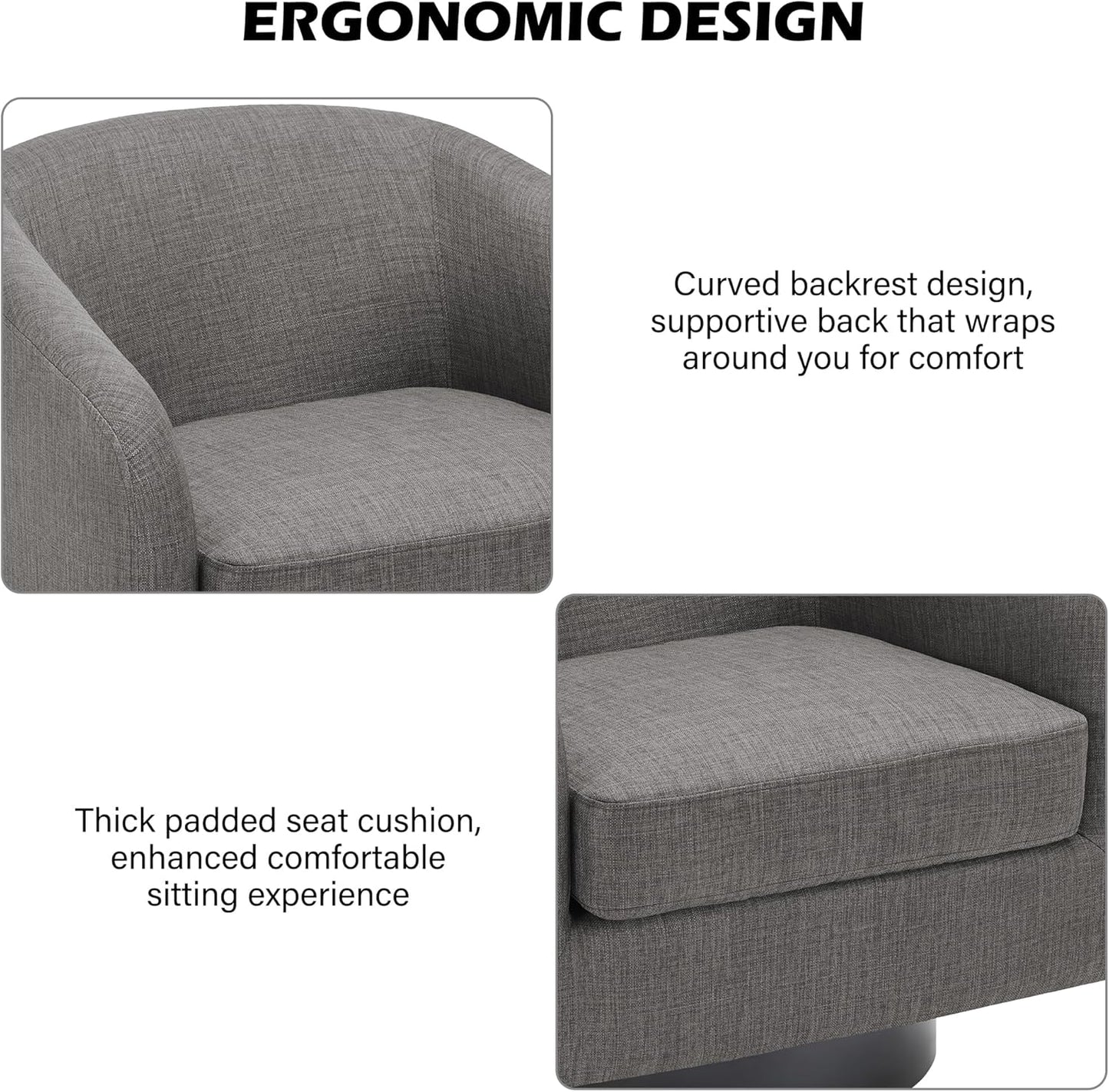 Swivel Barrel Accent Chair, Modern Round Linen Arm Chair for Living Room, Bedroom, Comfy Club Reading Chairs for Adults（Linen Fabric, Grey, Set of 1