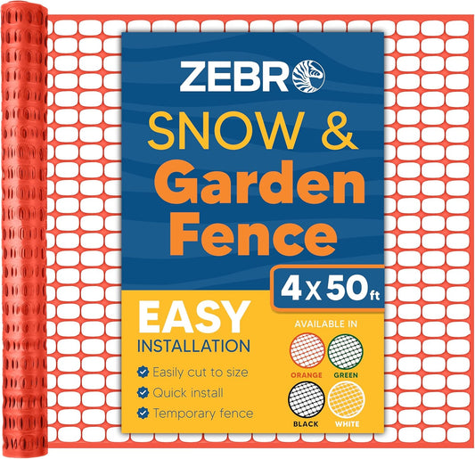 ZEBRO 4' x 50' Orange Plastic Garden Fence Roll – Standard Duty Safety Netting for Snow, Poultry, Deer, Dogs – Reusable Outdoor Barrier for Yard, Landscaping, Animal Protection