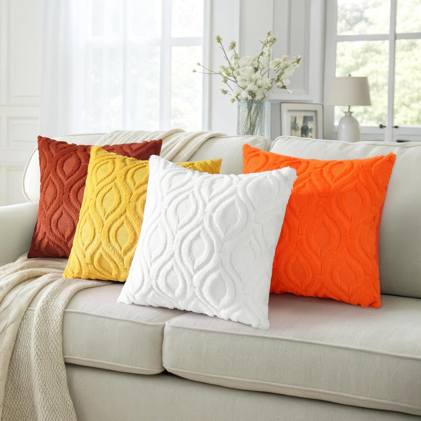 decorUhome Fall Throw Pillow Covers 18x18 Inch Set of 2, Soft Plush Decorative Faux Fur Orange Solid Couch Pillow Covers, Accent Farmhouse Neutral Square Euro Pillow Cases for Sofa Bed Living Room