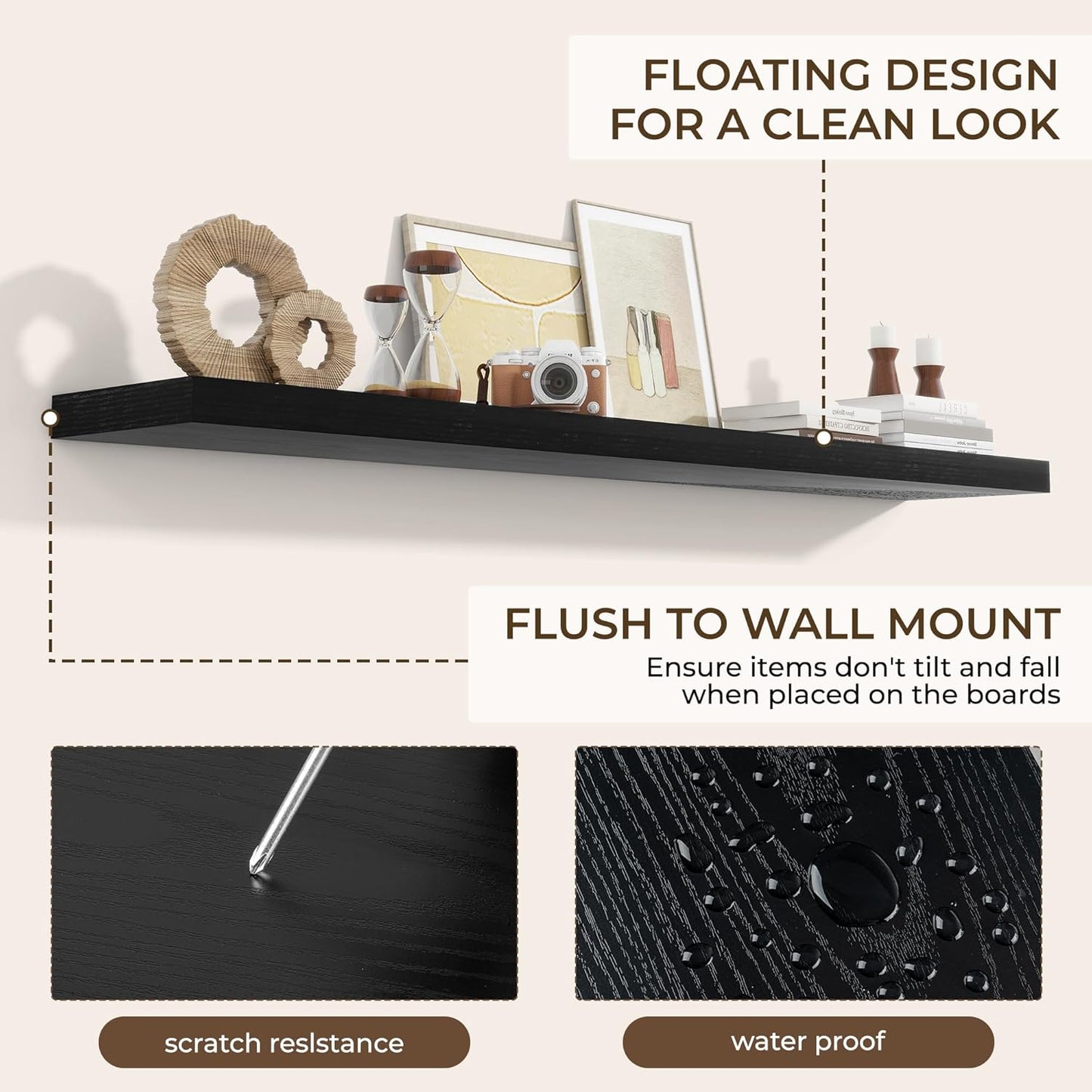 RICHFOCUS 72Inch Floating Shelves for Wall 1 Pack Shelves for Bedroom|Kitchen|Bathroom Wall Mounted Rustic Wood Floating Shelf with Invisible Brackets for Books|Storage|Decor, Black