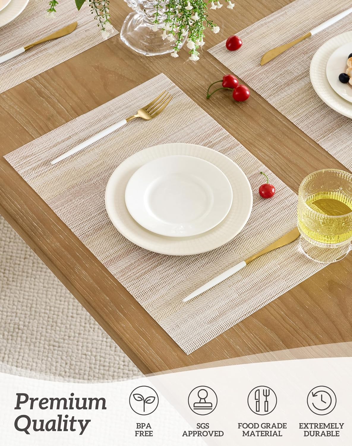 Leetaltree Lightsteel Beige with Yellow Placemats Set of 4 - Heat Resistant Non-Slip Place mats for Dining Table, Washable Durable PVC Vinyl Woven Table Mats (Lightsteel Beige, 4)