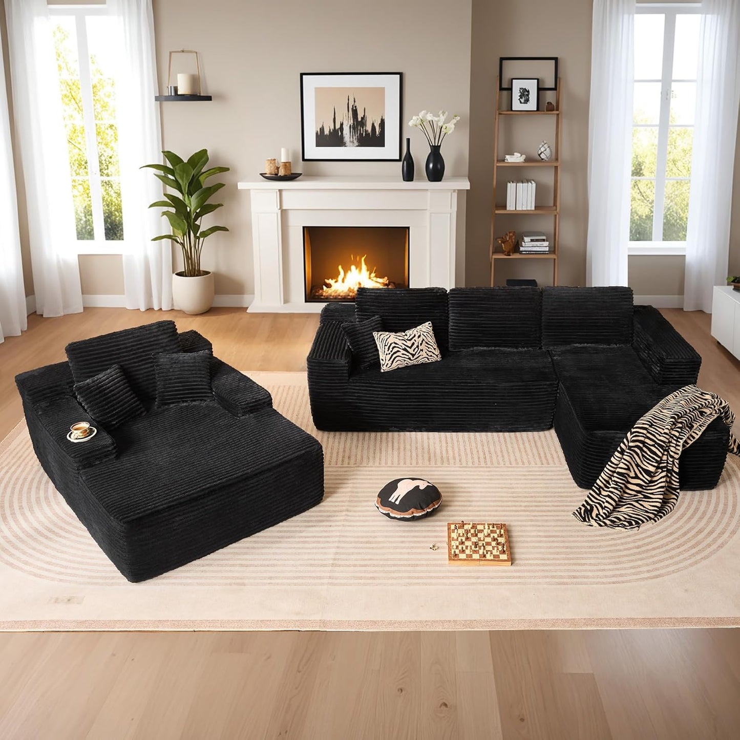 HOOOWOOO Cloud Sectional Couches for Living Room,Modular Sectional Sofa No Assembly,Plush Corduroy Large Floor Couch Furniture Set with Deep Seat Right L Shape and Chaise Lounge(Black)