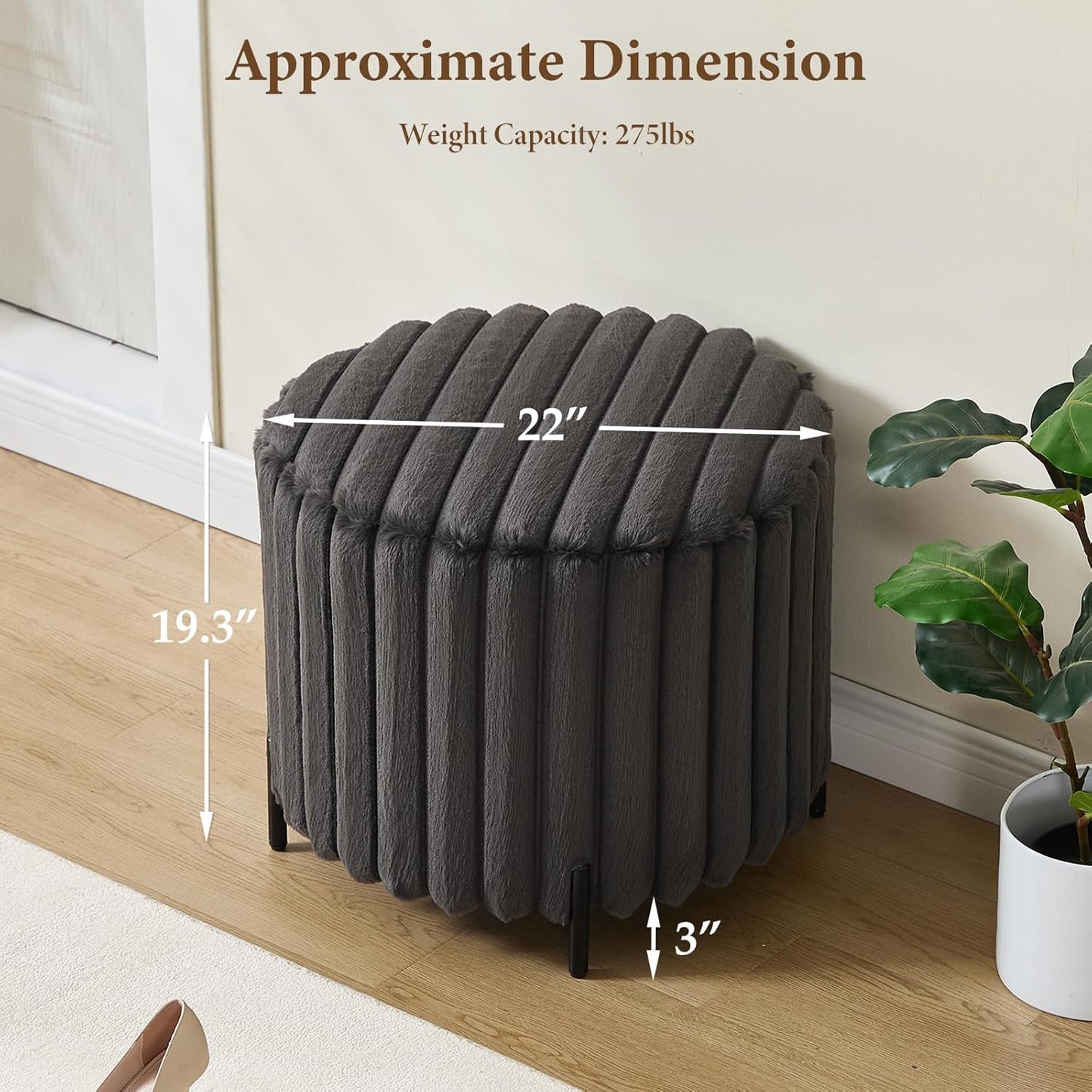 Furniliving Modern Round Ottoman, Large Size Bedroom Ottoman Footstool Round Ottomans Stool for Living Room, Bedroom, Makeup Room, Black, Faux Fur