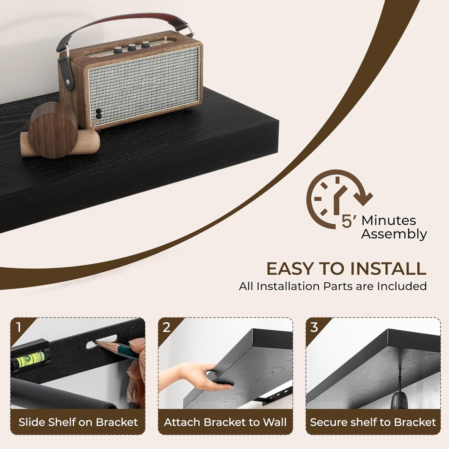 RICHFOCUS 72Inch Floating Shelves for Wall 2 Pack Shelves for Bedroom|Kitchen|Bathroom Wall Mounted Rustic Wood Floating Shelf with Invisible Brackets for Books|Storage|Decor, Black