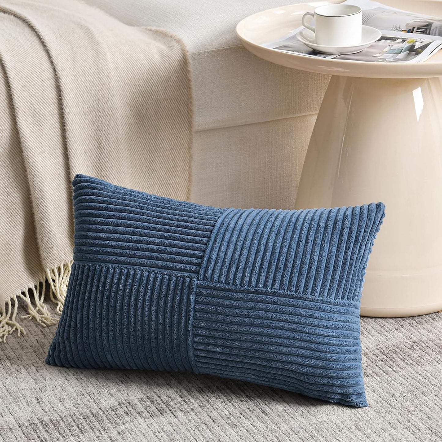 Fancy Homi 2 Packs Dusty Blue Lumbar Decorative Throw Pillow Covers 20x28 Inch for Couch Bed Sofa, Rustic Farmhouse Boho Home Decor, Soft Striped Corduroy Rectangle Accent Cushion Case 50x70 cm