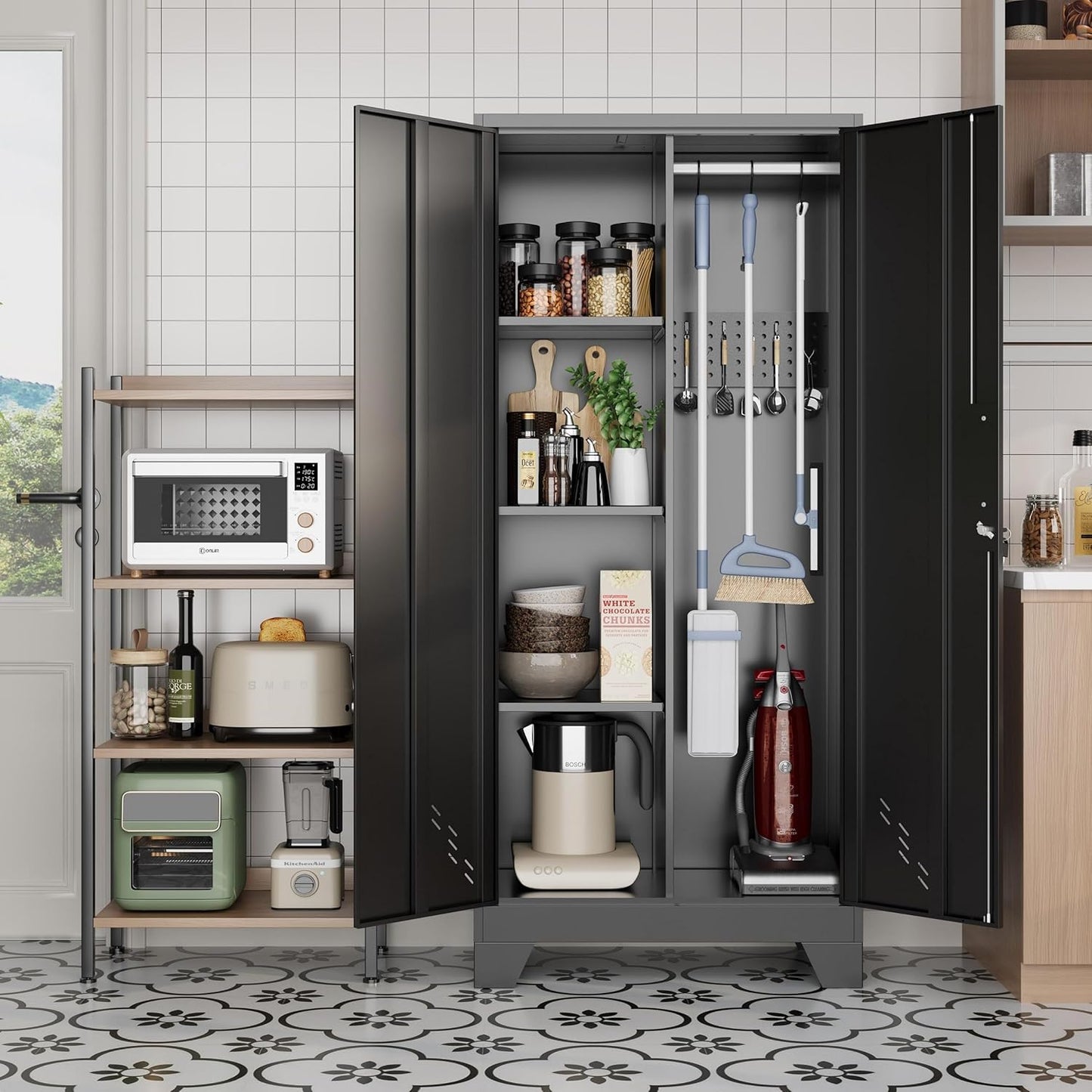 61" H Metal Storage Cabinet, Utility Cabinets with Locking Doors, Laundry Cabinet with Hanging Rod, Garage Tool Storage Cabinets for Home Office, Garage, Bathroom (Black)