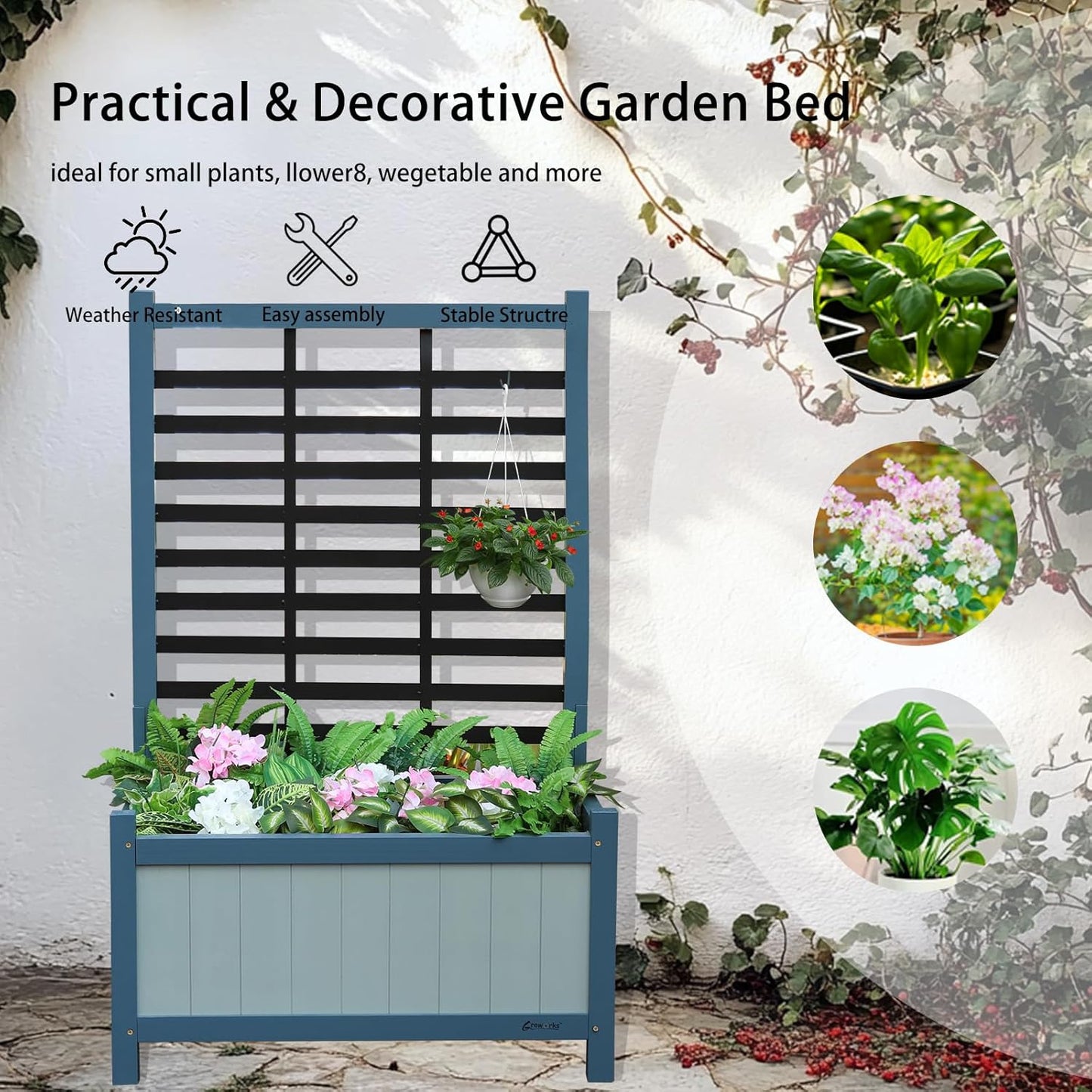 Wood Planter with Trellis Raised Garden Bed for Climbing Plants Elevated Wooden Planter Box,Outdoor Gardening Planting Bed to Grow Vegetables Climbing Plants Herbs Flowers (Blue)