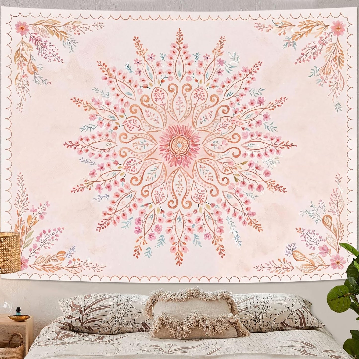 Lunerfex Floral Mandala Tapestry Boho Tapestry for Bedroom Pink Tapestries Wall Hanging Living Room Wall Art and Home Decor 44x60