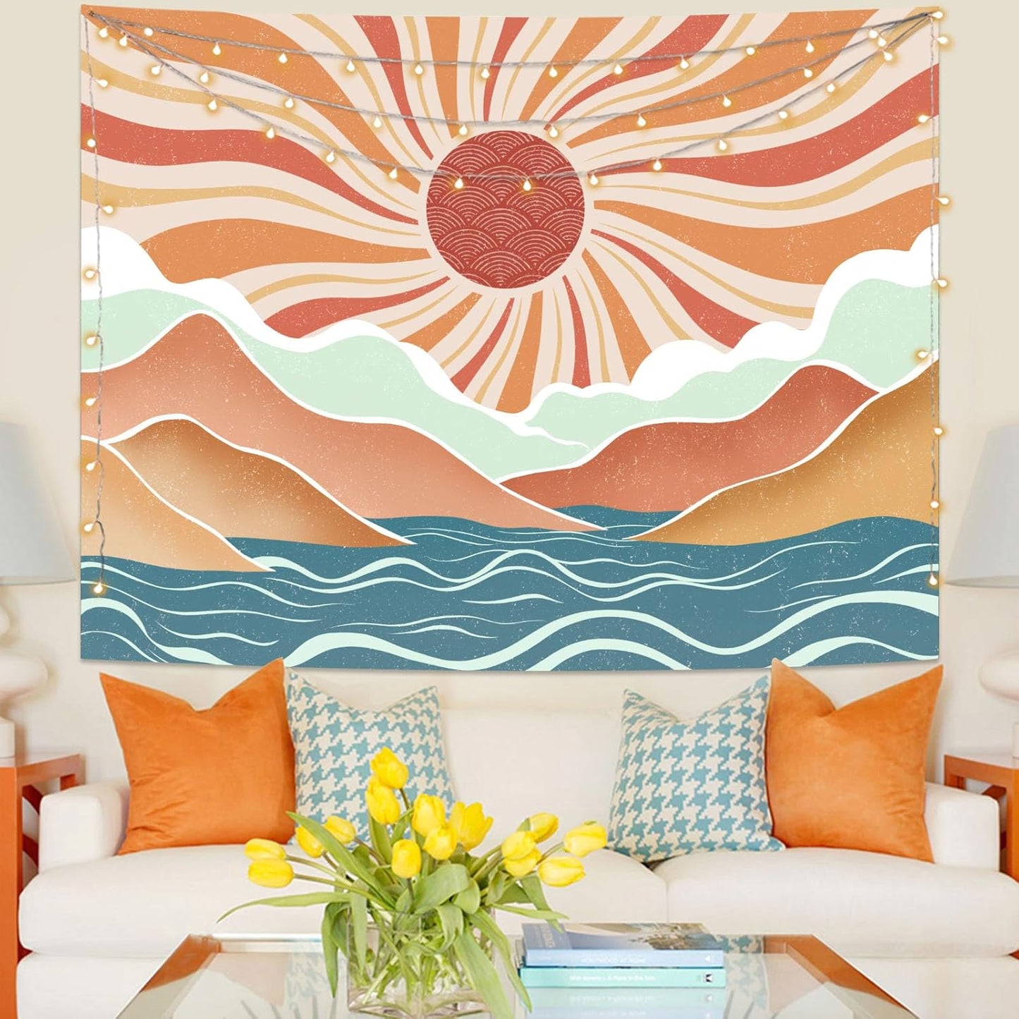 Lunerfex Boho Sun Tapestry Sunset Wall Tapestry, Mountain Tapestries for Bedroom 80s Tapestries Wall Hanging for Bedroom Living Room Decor Boho-2 60"x80"