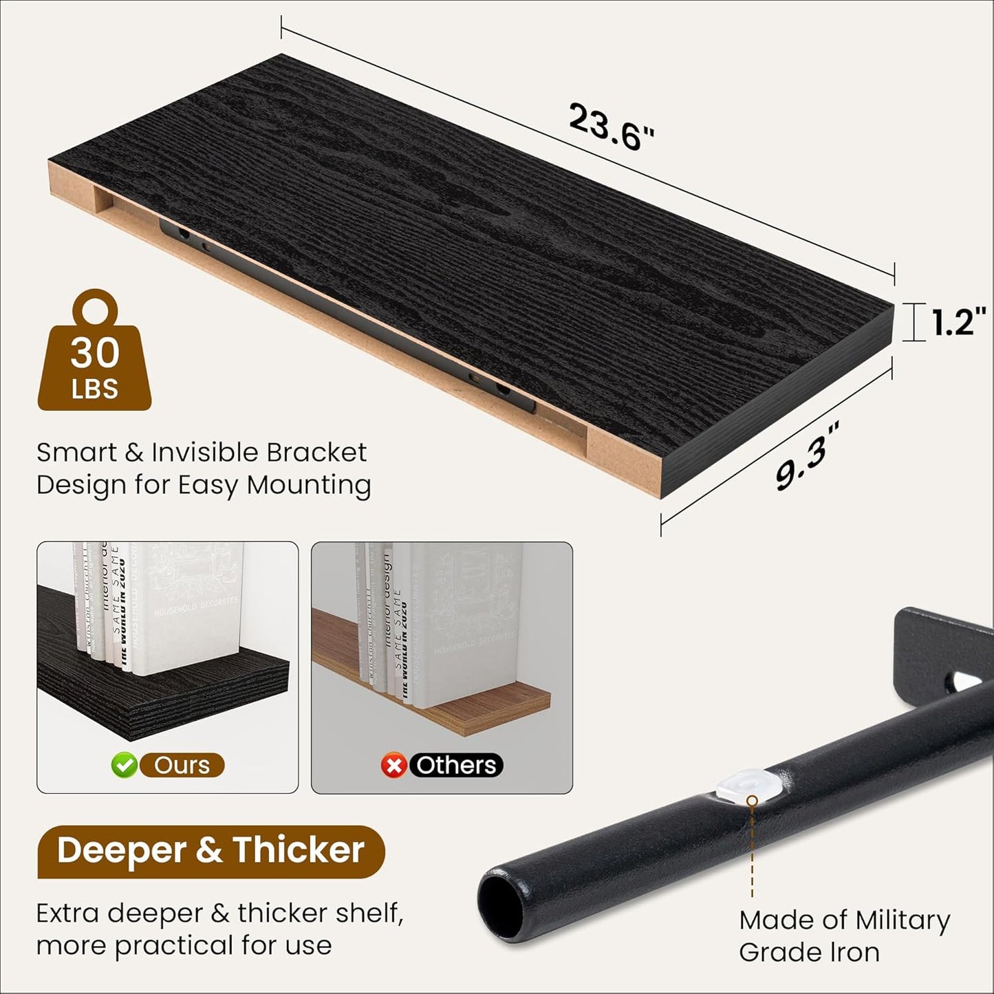 Fun Memories 24 Inch Floating Shelves for Wall, 9 Inch Deep Black Rustic Wood Wall Mounted Shelves for Bathroom, Kitchen, Living Room, Set of 2