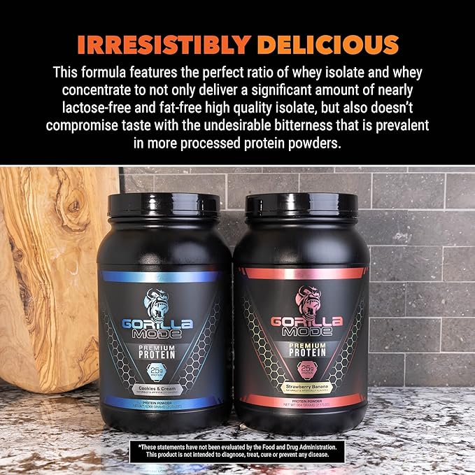 Gorilla Mode Premium Whey Protein - Strawberry Banana / 25 Grams of Whey Protein Isolate & Concentrate/Recover and Build Muscle (30 Servings)