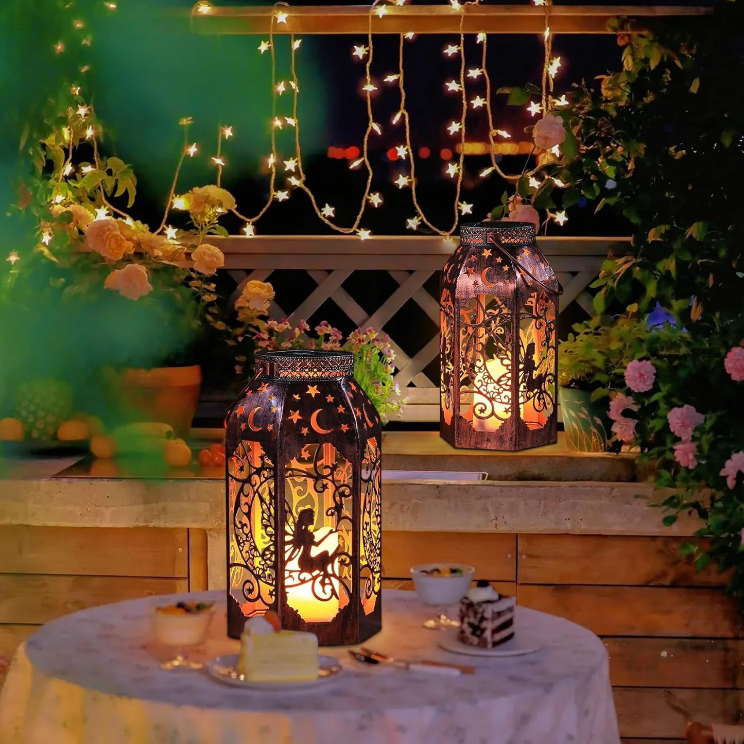 Solar Lanterns Outdoor Garden Hanging Lantern Waterproof LED Metal Bronze Moon Fairy Lantern Waterproof Flickering Flameless Candle Mission Lights for Table,Patio,Mother's Day Gift(2Pack)