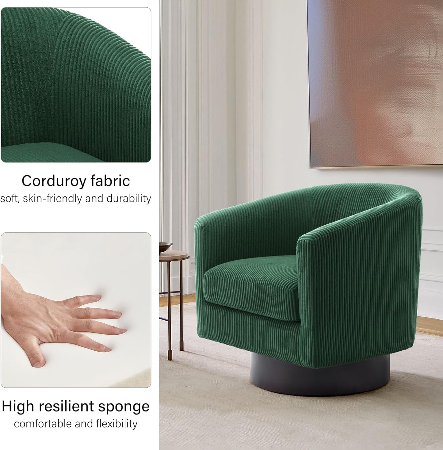 Swivel Barrel Accent Chair, Modern Round Corduroy Fabric Arm Chair for Living Room, Bedroom, Comfy Club Reading Chairs for Adults, Corduroy Dark Green