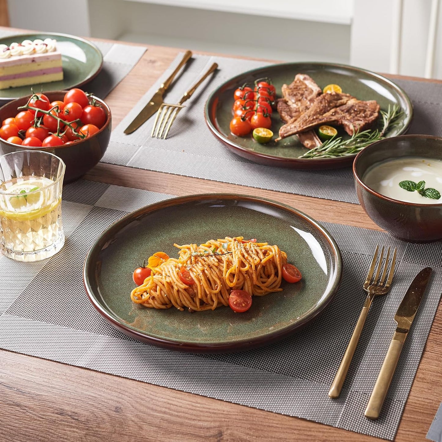 Stoneware Dinnerware Sets Service for 4, 12 pcs Reactive Glaze Plates and Bowls Sets, Handmade Ceramic Dish Set, Highly Chip and Crack Resistant Modern Plate Set, Brown Green