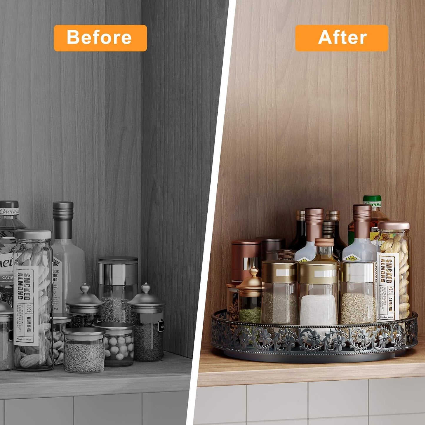 Lazy Susan Turntable Organizer, 13 inch Large Rotating Spice Rack Lazy Susan for Dining Table Top Cabinet Countertop Pantry Kitchen Cupboard Bathroom Black