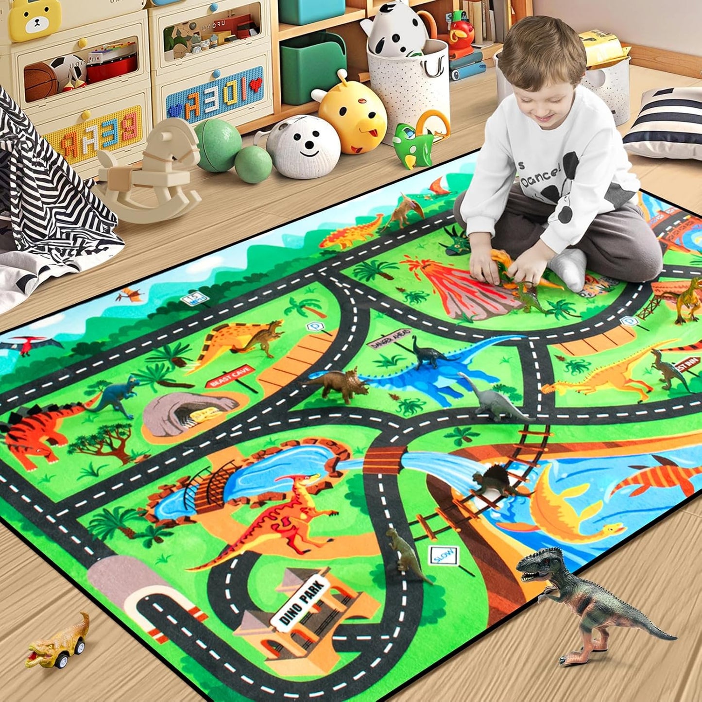 Kids Rug, Car Carpet for Kids' Toy Cars, 5x7 Ft Dinosaur Rug, Dino Safari Road Mat for Playroom, Educational Learning & Game Area Baby Play Mat Carpet for Children