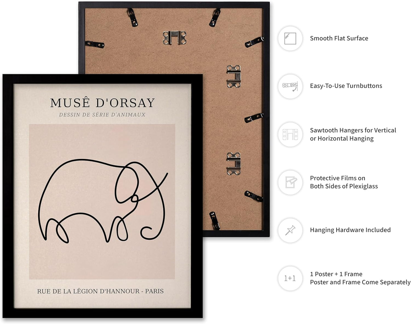 Poster Master Vintage Poster - Retro One Line Elephant Drawing Print - Elephant Art - Minimal Gift for Men, Women, Animal Lover - Abstract Wall Decor for Home, Office, 16x20 Black Framed