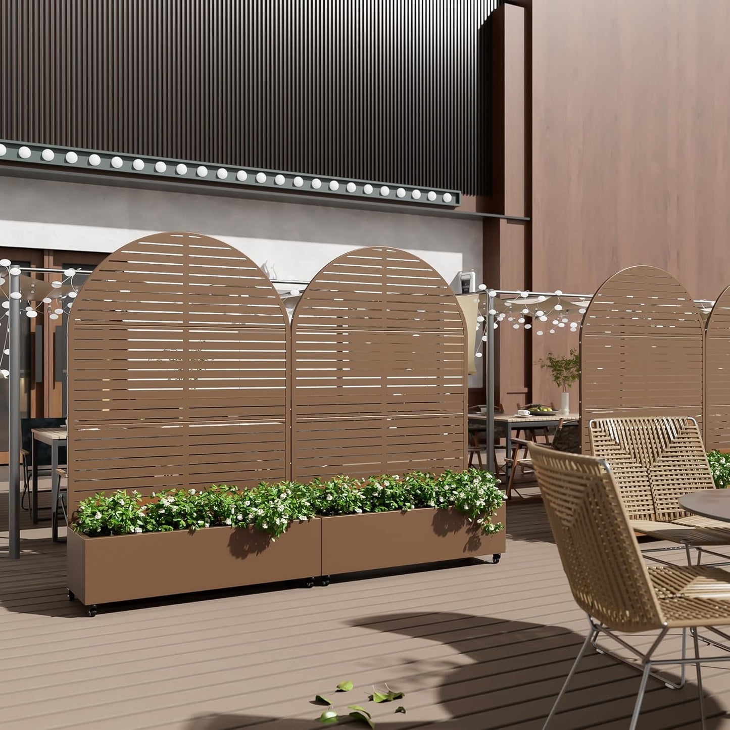 Casaphoria Metal Raised Garden Bed with Trellis and Wheels, 72"x47"x16" Arched Planter Box for Climbing Plants, Vegetables & Vines, Features Drainage Holes and Privacy Screen (Brown-Louvered)