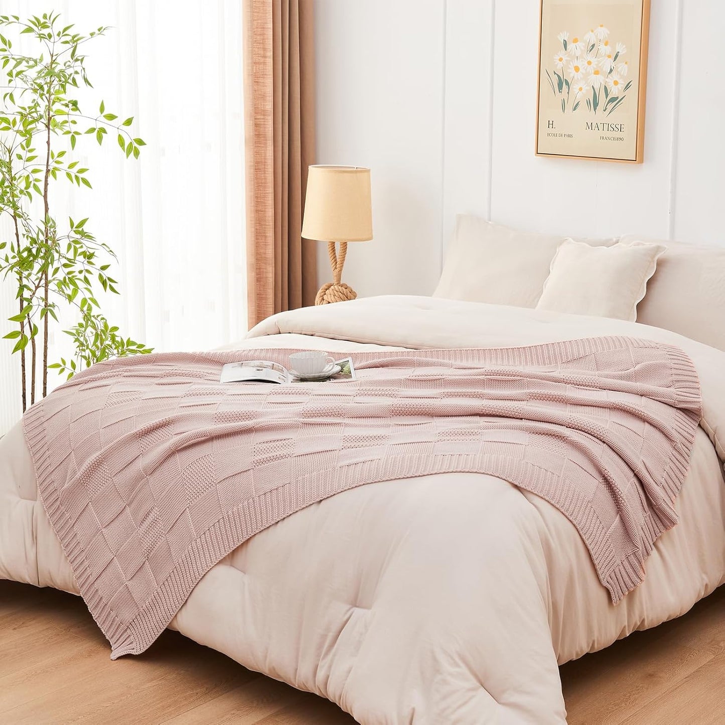 CozeCube Check Knit Throw Blanket, Pink Checkered Throw for Couch, Decorative Christmas Soft Cozy Warm Knitted Blanket for Bed Sofa Living Room, 50"X60"