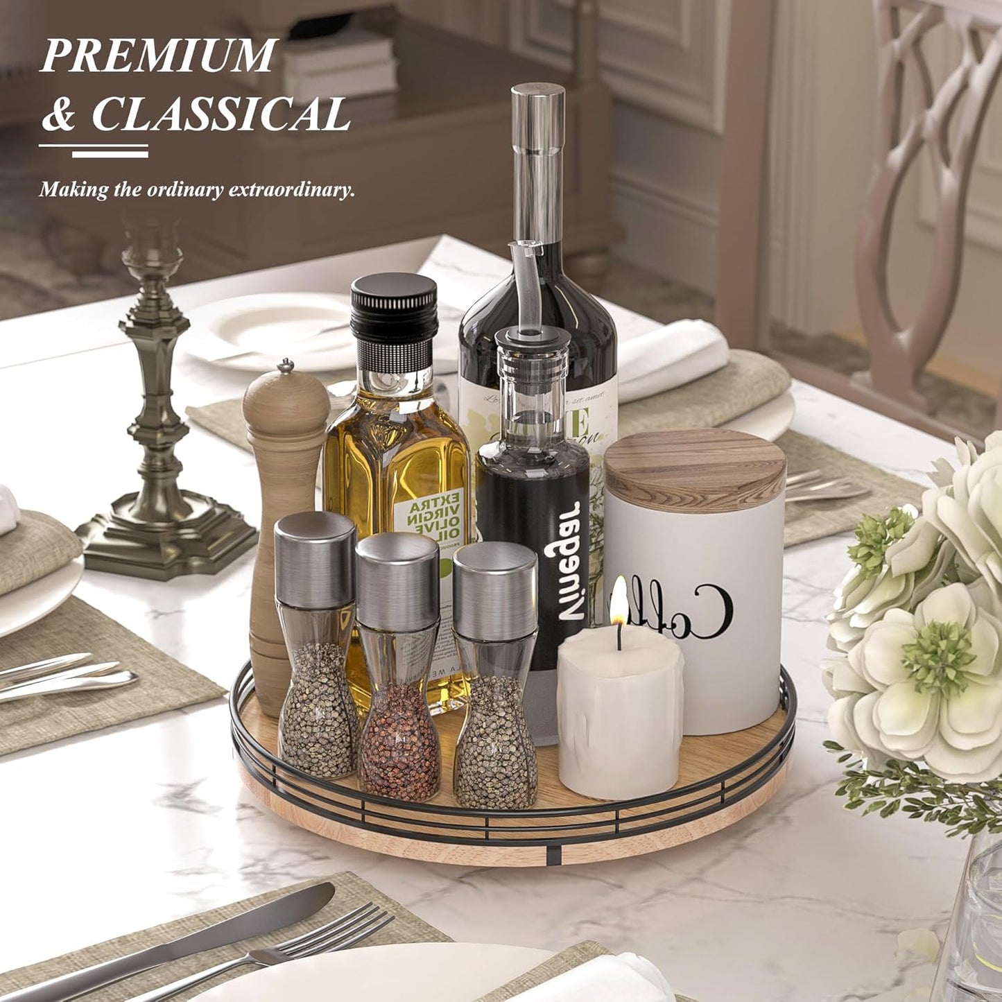 12" Lazy Susan Oak Wood Turntable Organizer for Cabinet, Farmhouse Round Wooden Lazy Susan Organization and Storage for Dining Table, Pantry, Kitchen, Bathroom, Countertop, Cupboard, Home Decor