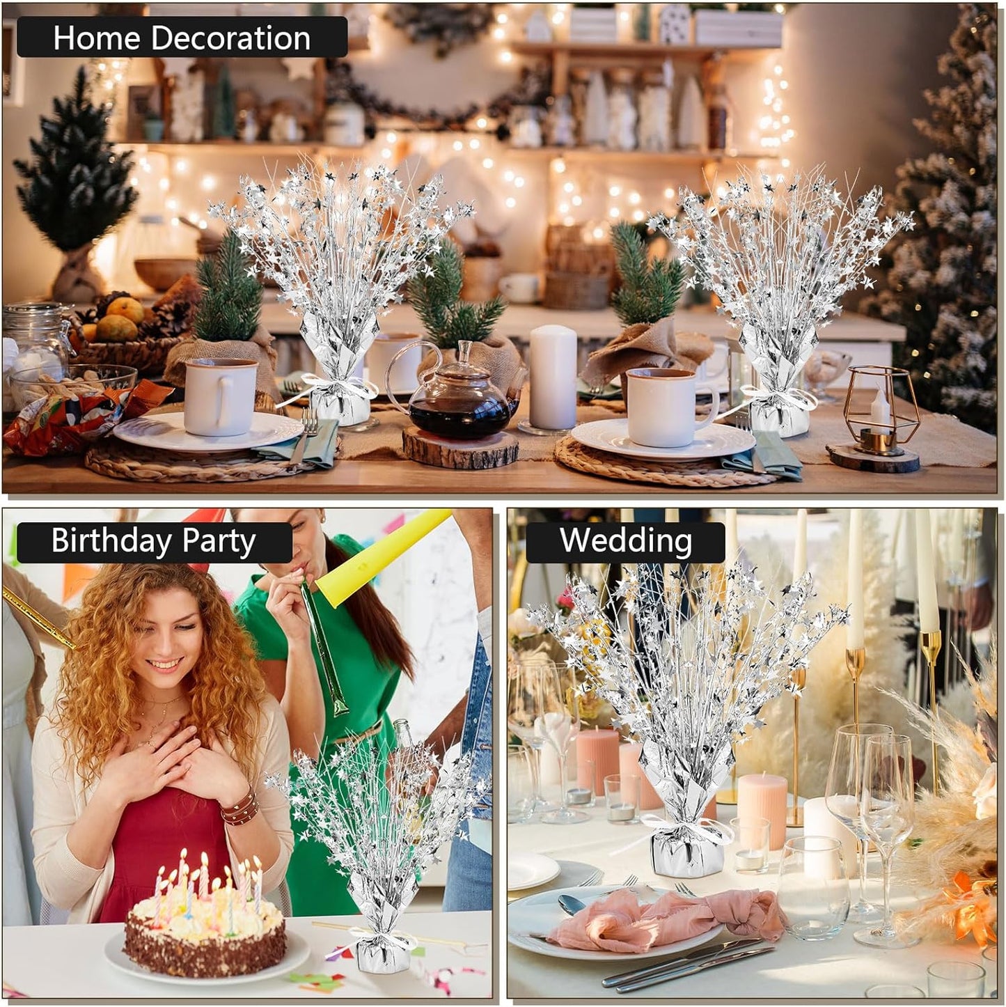 Crowye 18 Pieces Metallic Foil Spray Centerpiece Party Star Table Decoration Burst Metallic Table Centerpieces for Birthday Party Season Holiday(Silver)