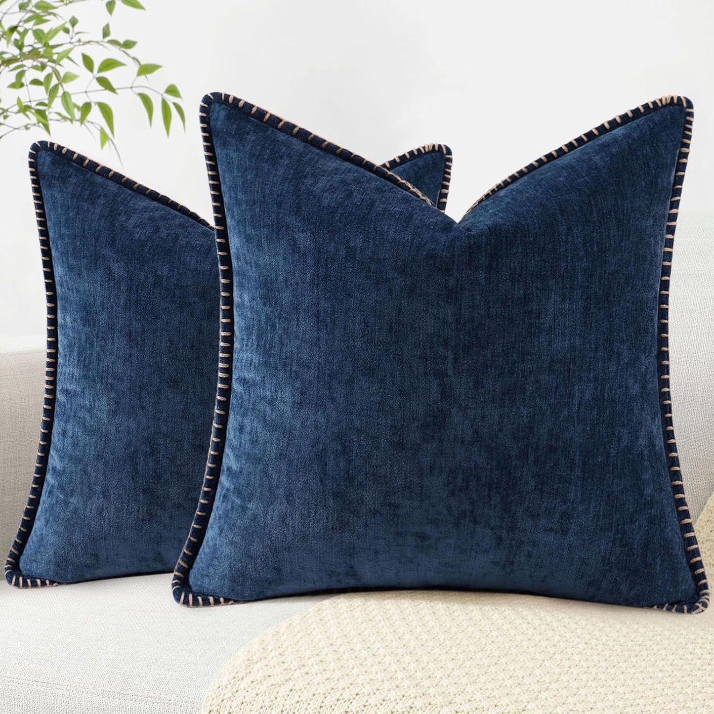 decorUhome Chenille Soft Throw Pillow Covers 24x24 Set of 2, Farmhouse Velvet Neutral Decorative Euro Pillow Covers with Stitched Edge for Couch Sofa Bed Home Decor, Poseidon