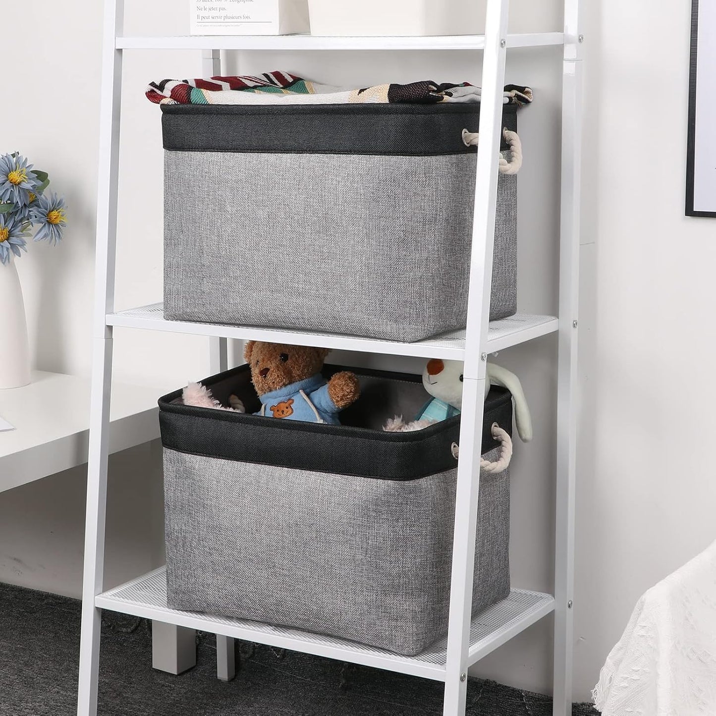 Bidtakay Fabric Storage Baskets with Handles [2-Pack] Large Canvas Organizer 16" X 11.8" X 11.8" Foldable Tall Baskets Rectangular Gift Basket Decorative Storage Bins for Closet, Home(Black&Grey)