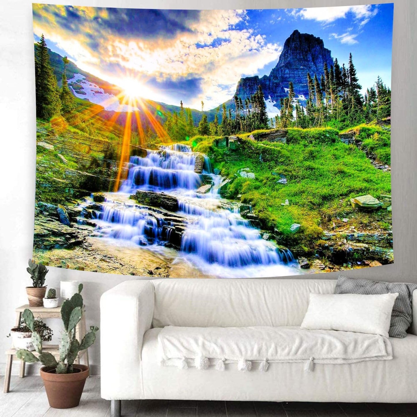 Delur Mountain Waterfall Tapestry Sunset Forest Tree Nature Landscape Tapestry Wall Hanging Tropical Sunrise Rainforest Psychedelic Scenic Headboard for Bedroom Living Room Home Decor (59.1" x 78.7")