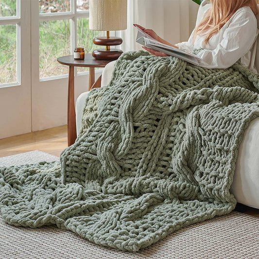 Esterra Chunky Knit Blanket Throw 50"x60", 100% Hand Knitted Chenille Throw Blanket, Cozy Soft Thick Cable Knit Throw Large Rope Knot Crochet Throw Blanket for Sofa Couch Bed, Sage Green