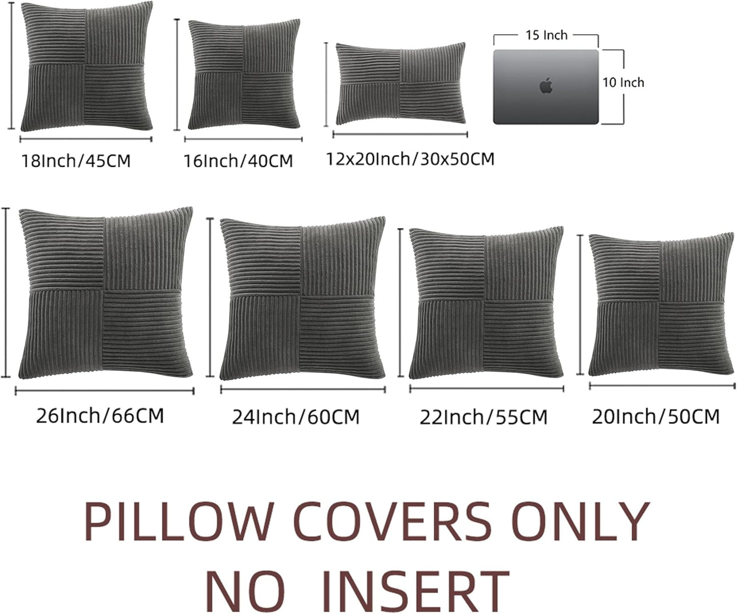 Fancy Homi 2 Packs Dark Gray Euro Decorative Throw Pillow Covers 28x28 Inch for Couch Bed Sofa, Rustic Farmhouse Boho Home Decor, Soft Corss Corduroy Patchwork Textured Square Cushion Case 71x71 cm