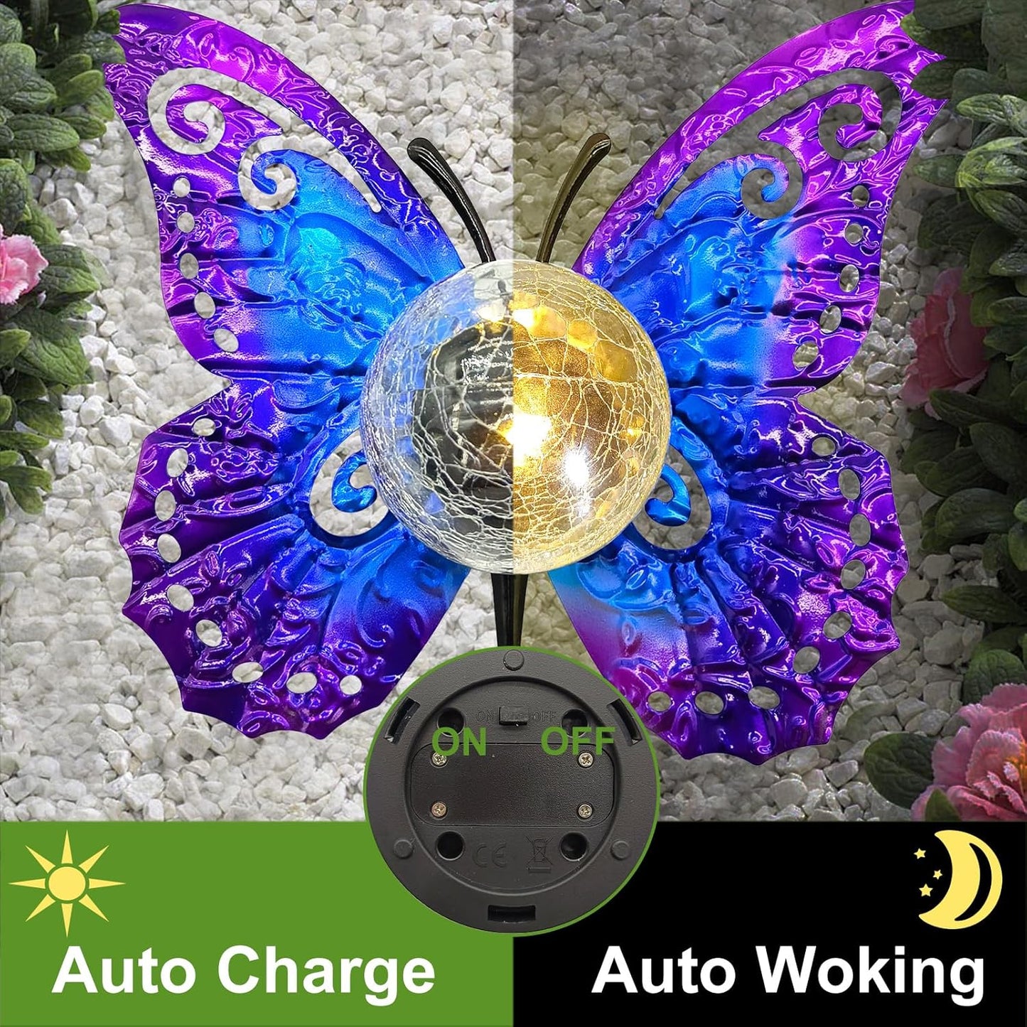 Solar Lights Outdoor Garden Butterfly Decor, Metal Butterfly Statue Decoration with LED Crackle Glass Globe, Solar Powered Lighted Garden Art Decor for Patio Lawn Yard Pathway Tabletop Ground