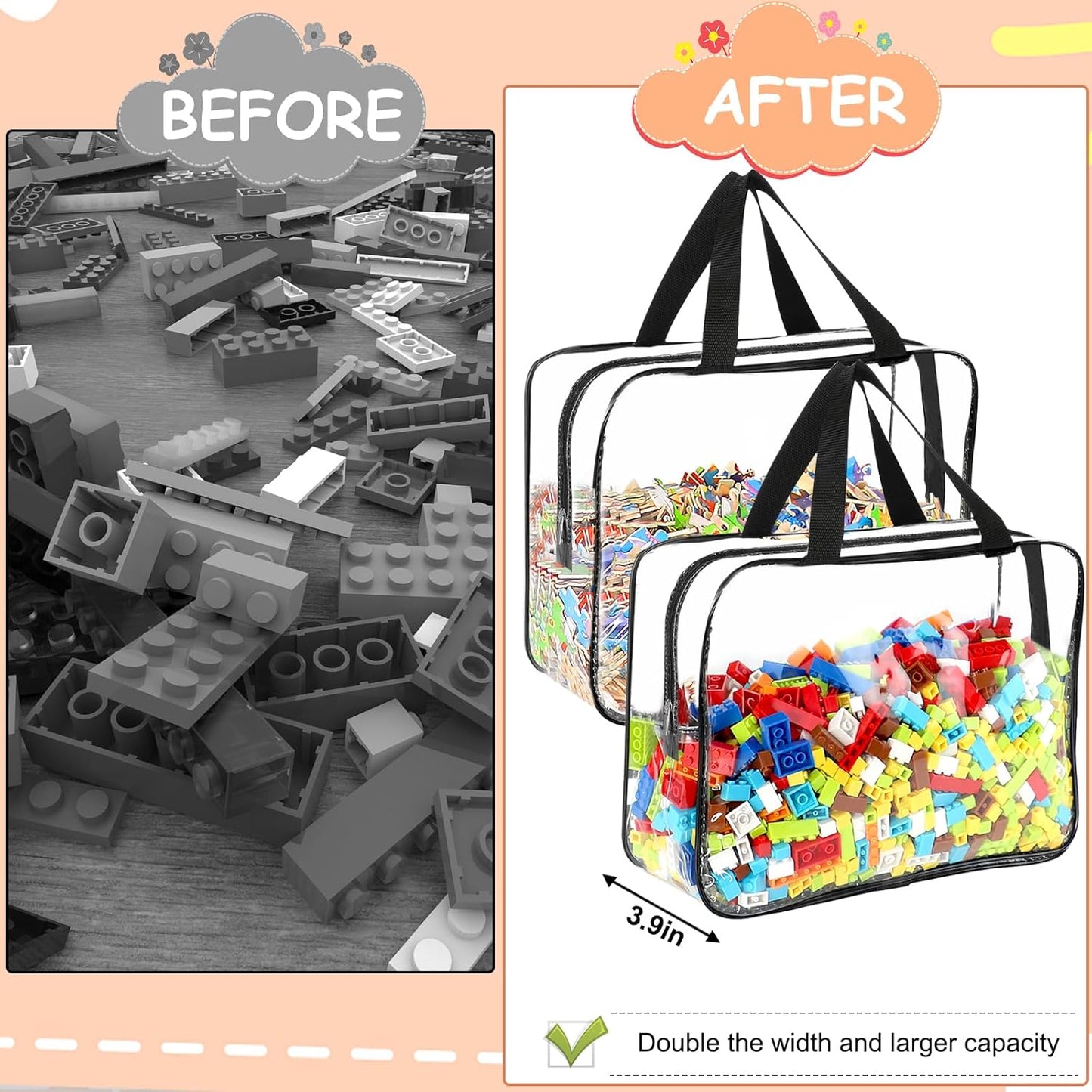 6 Packs Large Toy Storage Bags with Labels, Reusable Clear PVC Board Game Storage, Travel Waterproof Organizer Bags with Zipper for Building Blocks, Puzzle, Kids Books