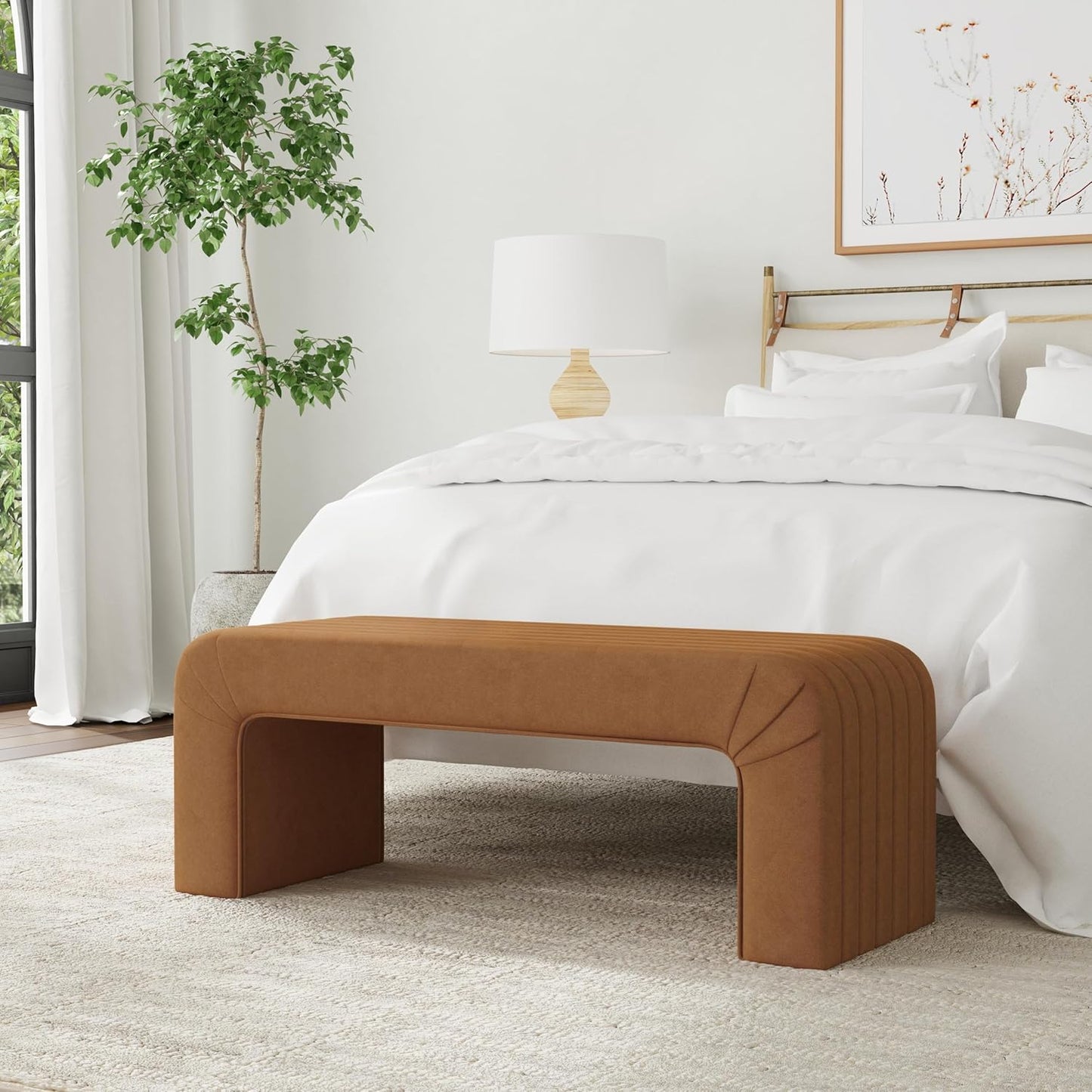 Modern Arch Channel Bedroom Bench Ottoman, 48" Entryway Bench and Shoe Rack, Soft Cushion Bench for Bedroom End of Bed, Ottoman Bench for Living Room, Bedroom, Entryway (Beach Rust Velvet)