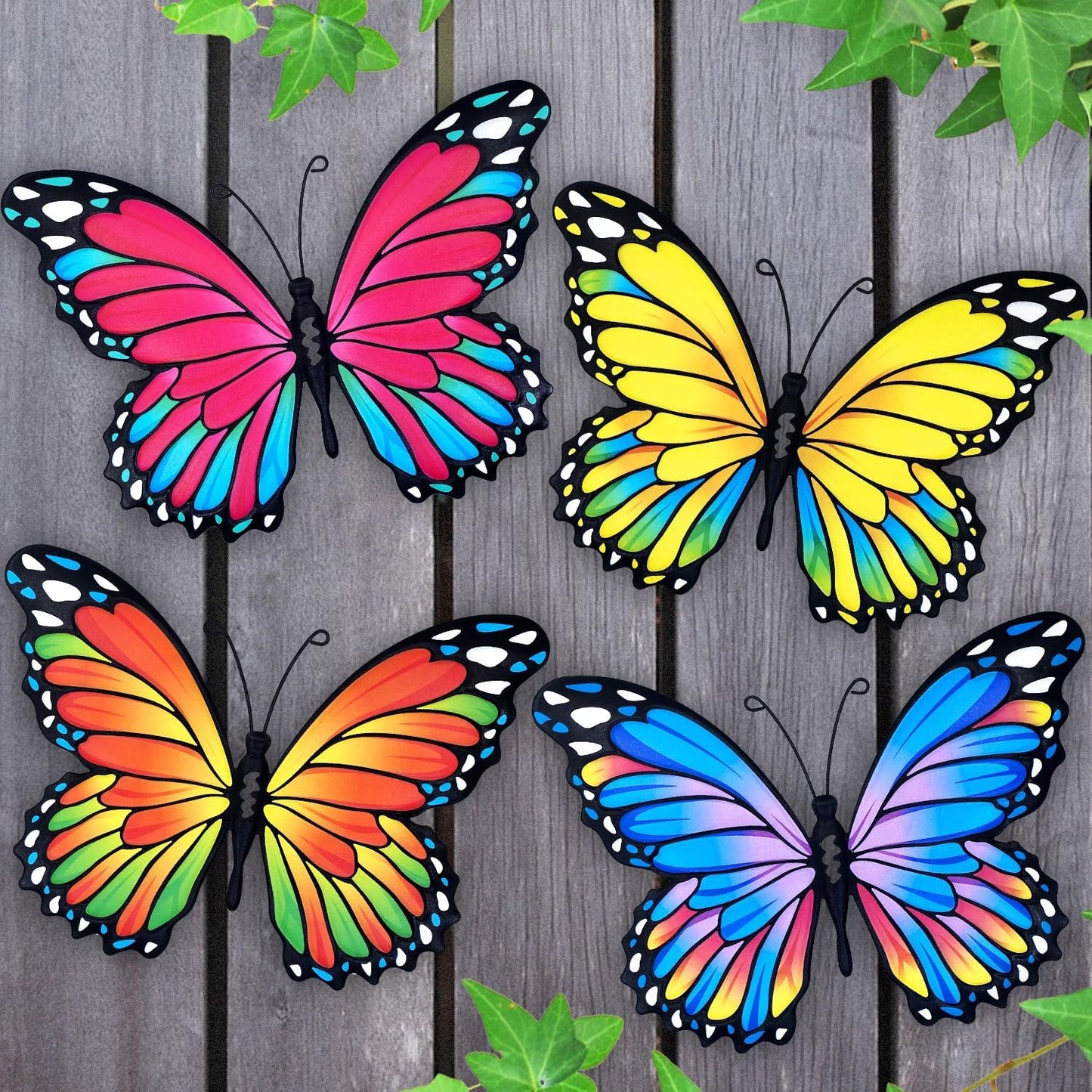 Oraytteo Metal Butterfly Wall Outdoor Decor - 4pcs 9.8inch Hanging Butterflies Wall Art Sculptures for Indoor and Outdoor Fence Patio Yard Home Wall Decorations, Gift for Mom Dad Friends