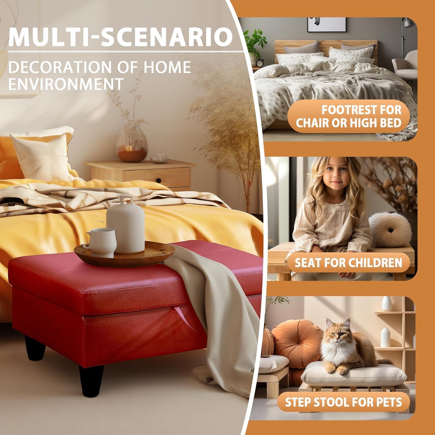 Ottoman Rectangular Storage Ottoman Bench, Faux Leather Footrest, Coffee Table, Stool Footstool with Hinged Lid for Living Room, Bedroom, Entryway, Red, 28.5"x19"x17.5"