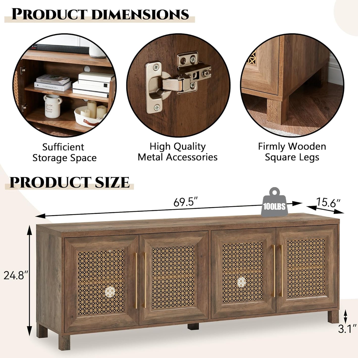 JYED Mid Century Modern TV Stand for TVs up to 75 Inch, with Hollow Metal Mesh Decorated，Boho TV Console with Storage Cabinet,Cable Holes, TV Stand for Living Room, 69.5"x15.6"x24.8", Rustic