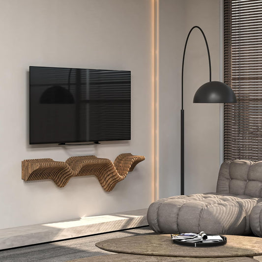 Parametric 40 inch Floating Shelf TV Unit Modern Geometric Wooden Wall Piece Decor Natural Oak Color 3D Wavy Living and Gaming Room Shelf