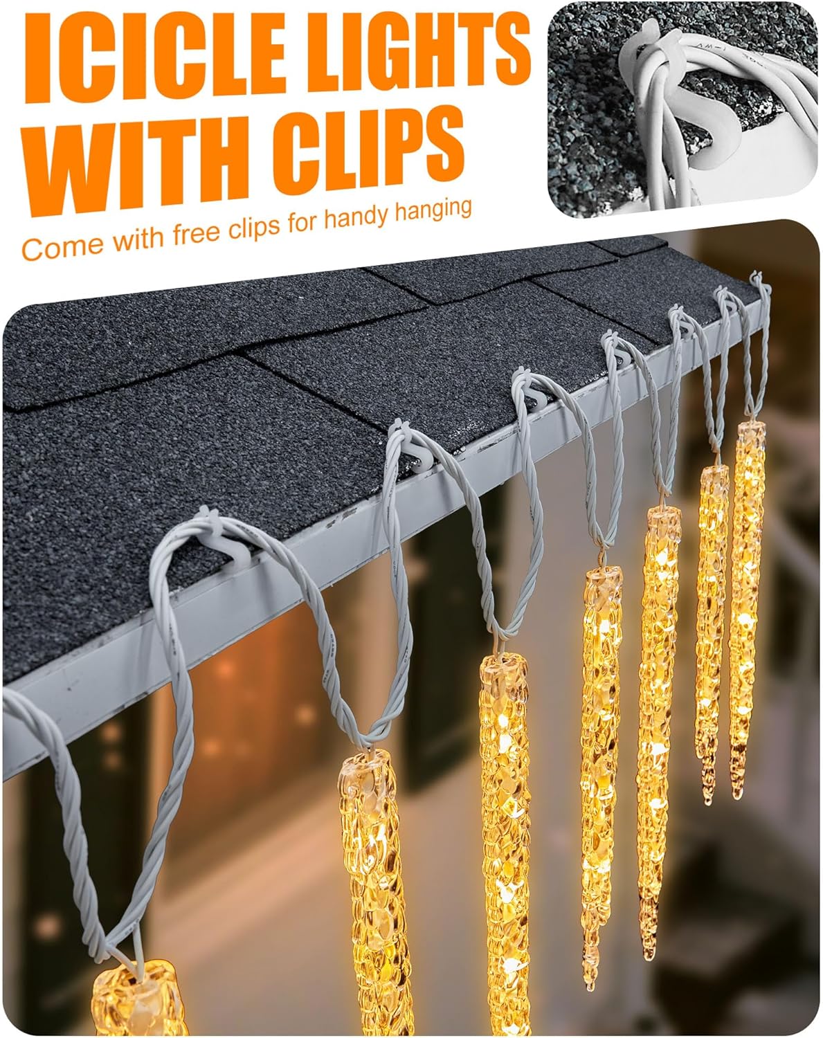 Minetom Icicle Lights Outdoor with Clips, 2 Pack Total 40ft 200 LED 40 Tubes Twinkling Ice Shape String Lights, Connectable Hanging Christmas Lights Plug in for Eave Holiday Outdoor, Warm White