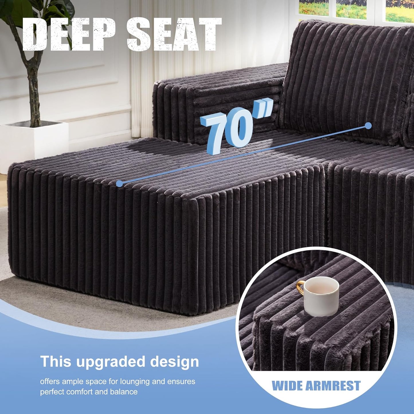 Hobestluk Modular Sectional Sofa Memory Foam Couch Oversized Sectional Sofa 3-Seater with Chaises Cloud Couch with Removable Cover U Shaped Sofa for Living Room (Strip Grey, U Shape)