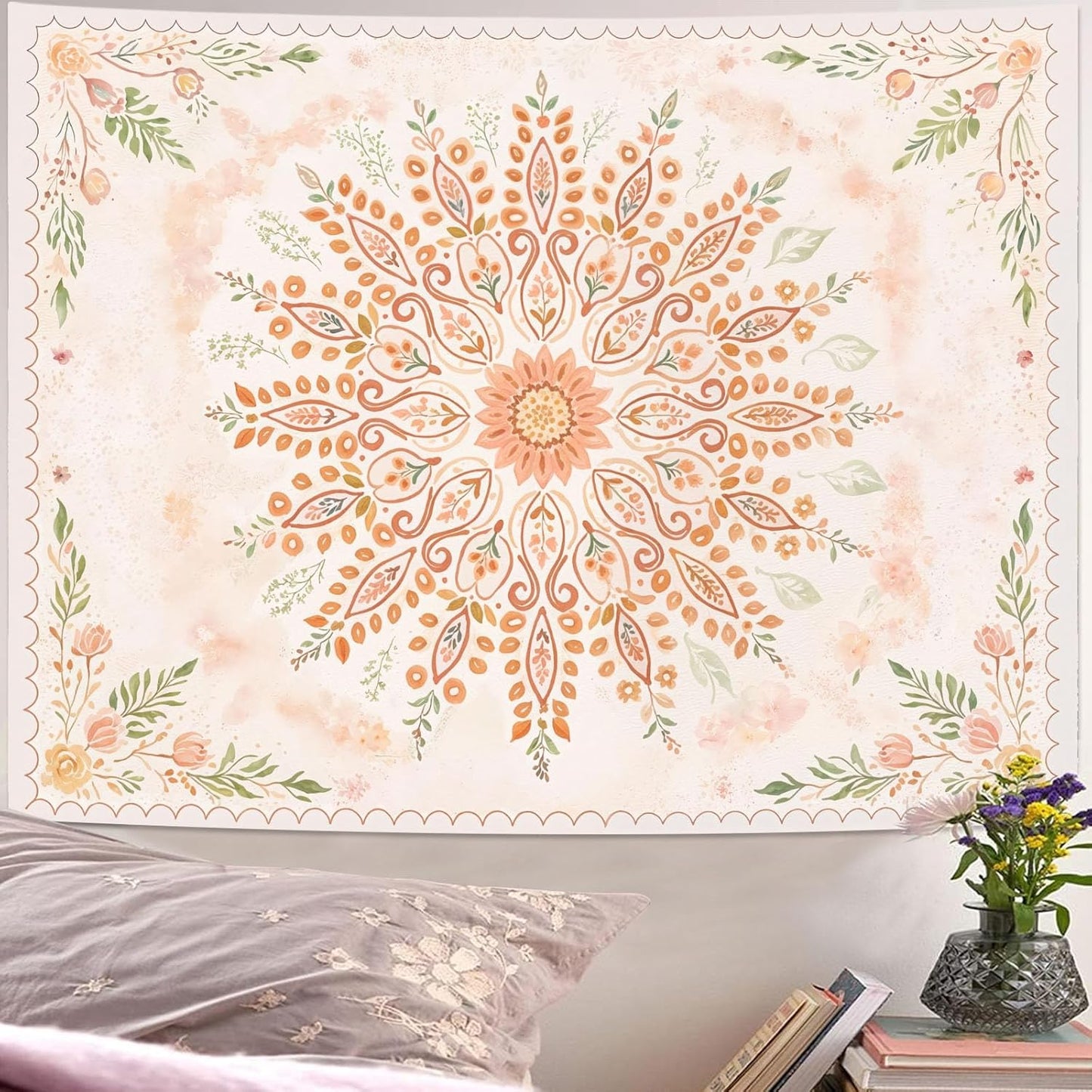 Lunerfex Floral Mandala Tapestry Boho Tapestry for Bedroom Peach Tapestries Wall Hanging Living Room Wall Art and Home Decor 70x90