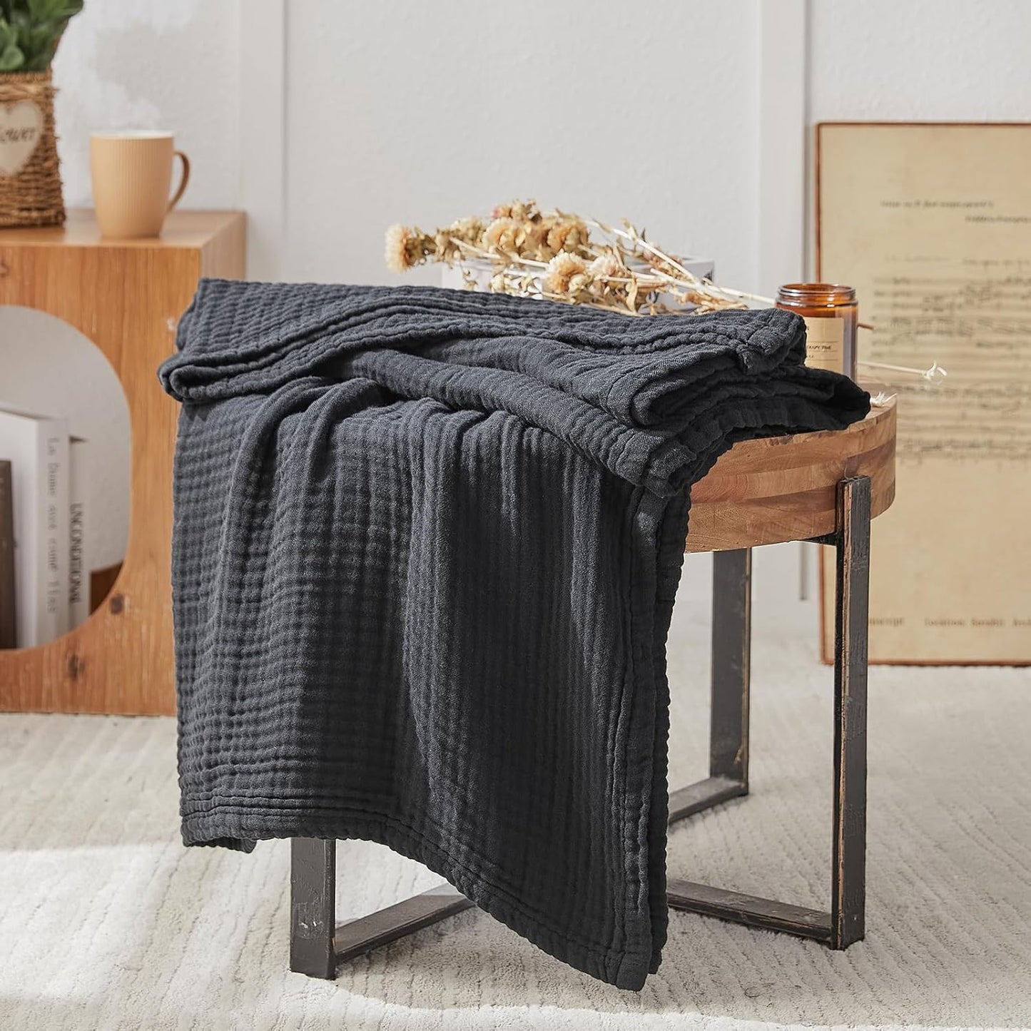 EMME Cotton Muslin Twin Blanket Breathable Gauze Blanket Soft Lightweight Blankets Adults Gifts for Women (Black, 60"x80")