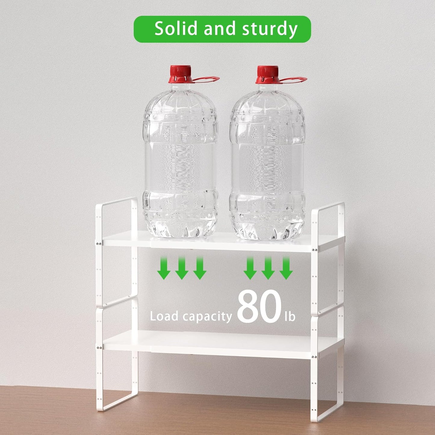 Expandable Cabinet Storage Shelf Stackable Organizer Rack for Kitchen Bathroom Pantry Spice Cupboard Countertop Home Office Desk Heavy Duty Nonslip White Large 2 PACK