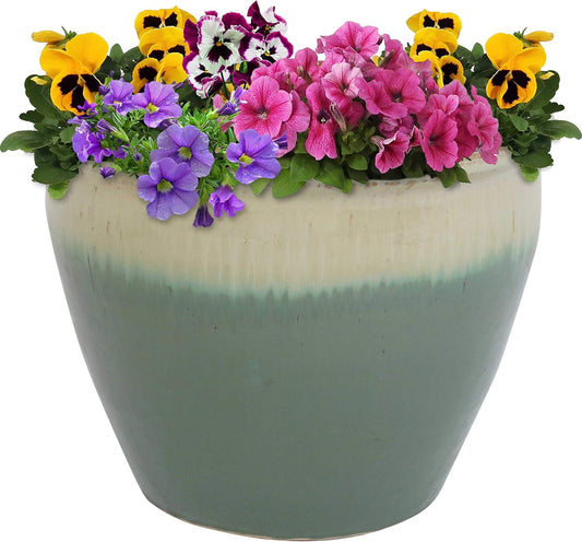 Sunnydaze Chalet Large Ceramic Plant Pot - Round Outdoor Glazed Ceramic Planter Pot with Drainage - Seafoam - 14.5"