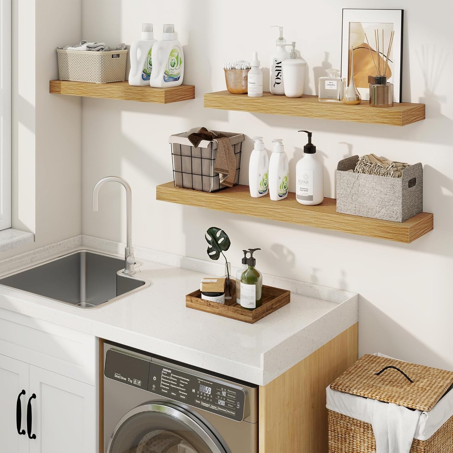 fuqing Floating Shelves for Wall, Bathroom Shelf Wall Mounted for Storage, Shelves with Invisible Bracket for Bedroom, Kitchen, Living Room, Farmhouse Small Book Shelf, 30 Inch Set of 2, Oak