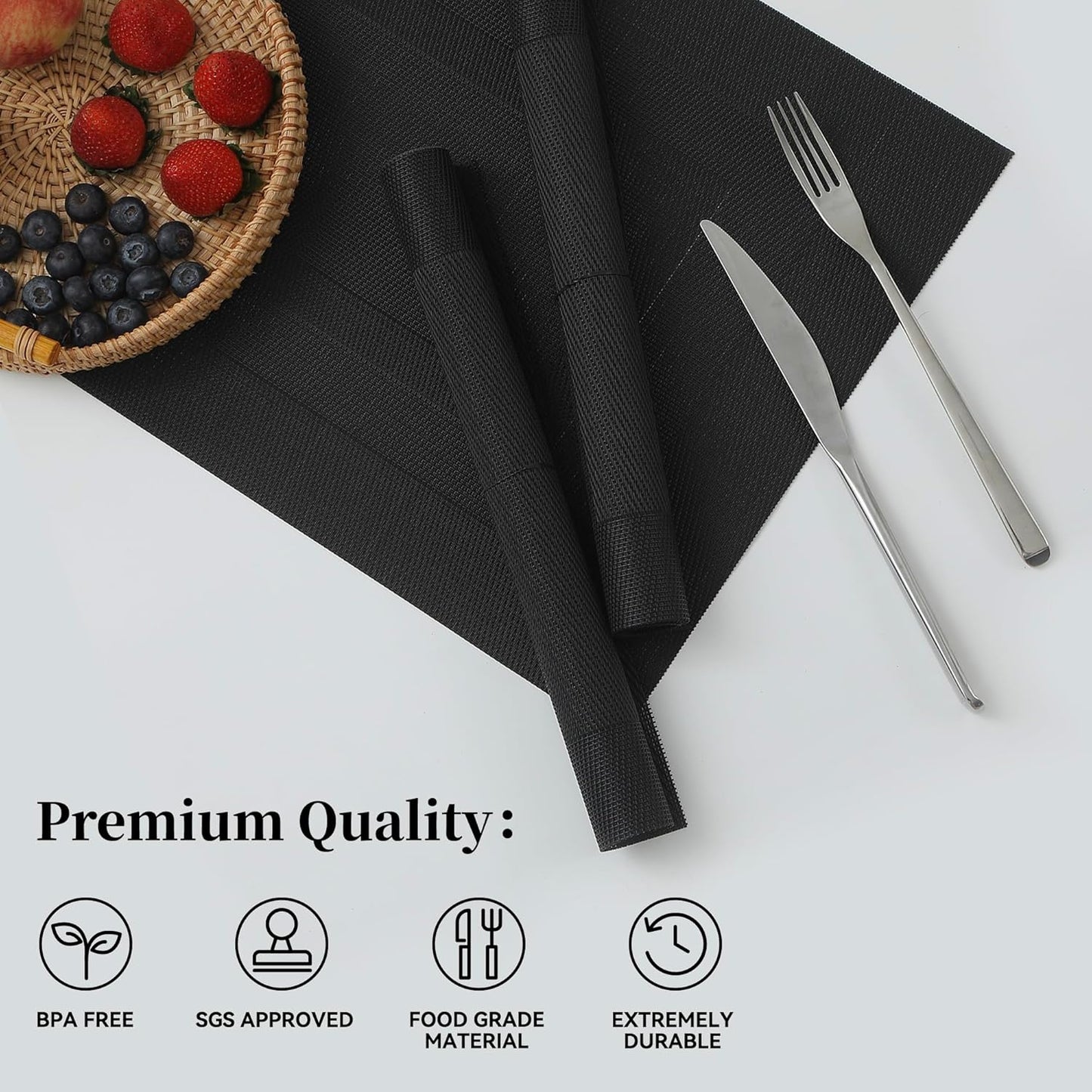 Leetaltree Black Frame Placemats Set of 8 - Heat Resistant Non-Slip Place mats for Dining Table, Washable Durable PVC Vinyl Woven Table Mats（Black Frame, 8）